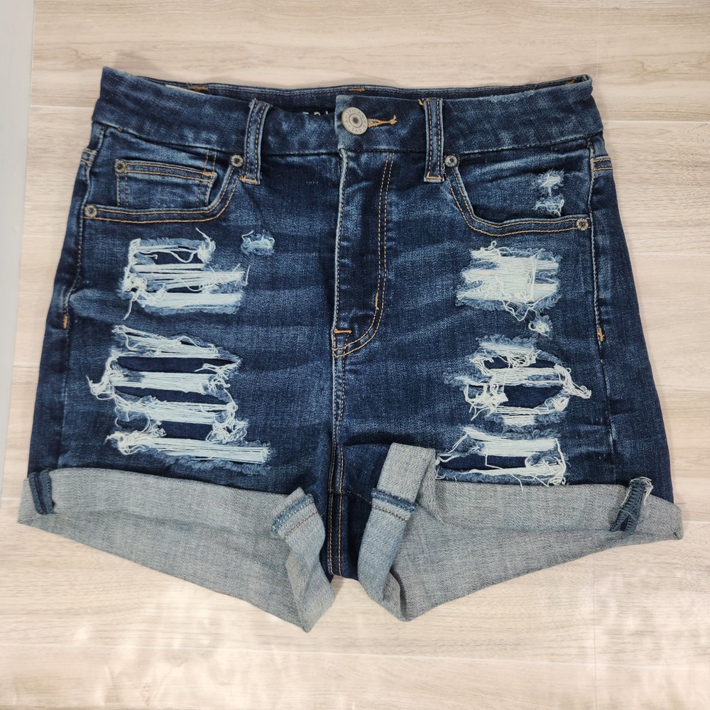 American Eagle Curvy High-Rise‎ Shortie Women's 4 Distressed Dark Wash Shorts
